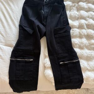 WeWoreWhat Women's Utility Black Cargo Jeans with Belted Waist